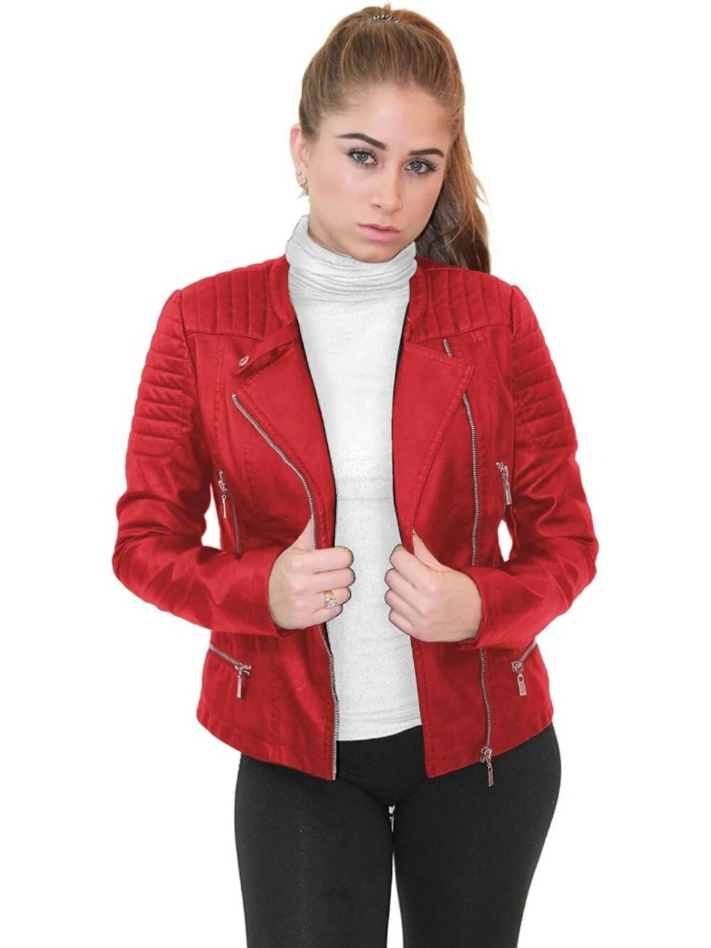 Chic Women's Faux Leather Moto Jacket - Stylish Biker Look, Trendy & Versatile